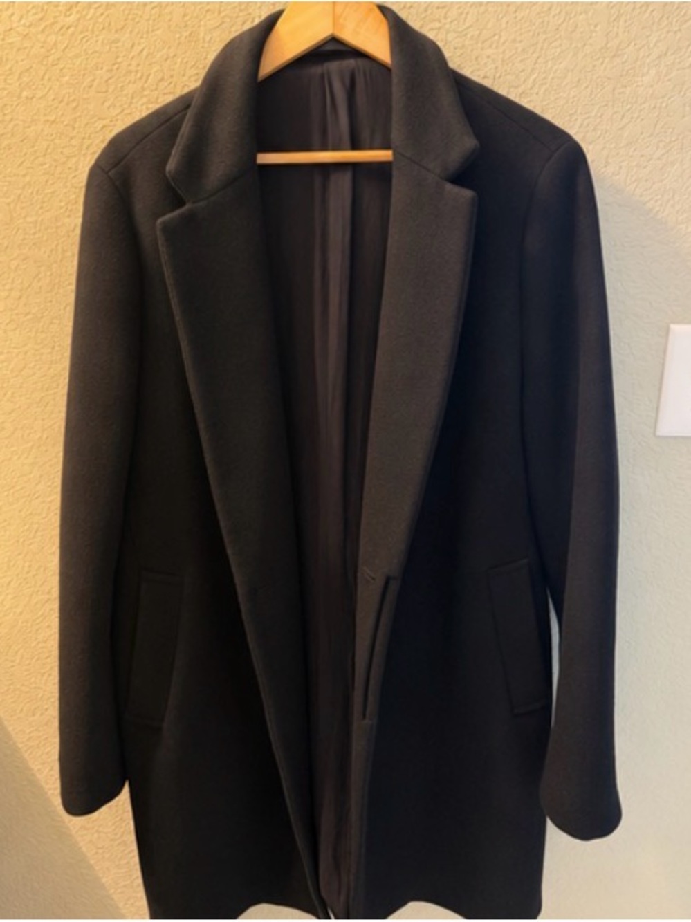 AllSaints Black Wool Pea Coat with Notch Lapel